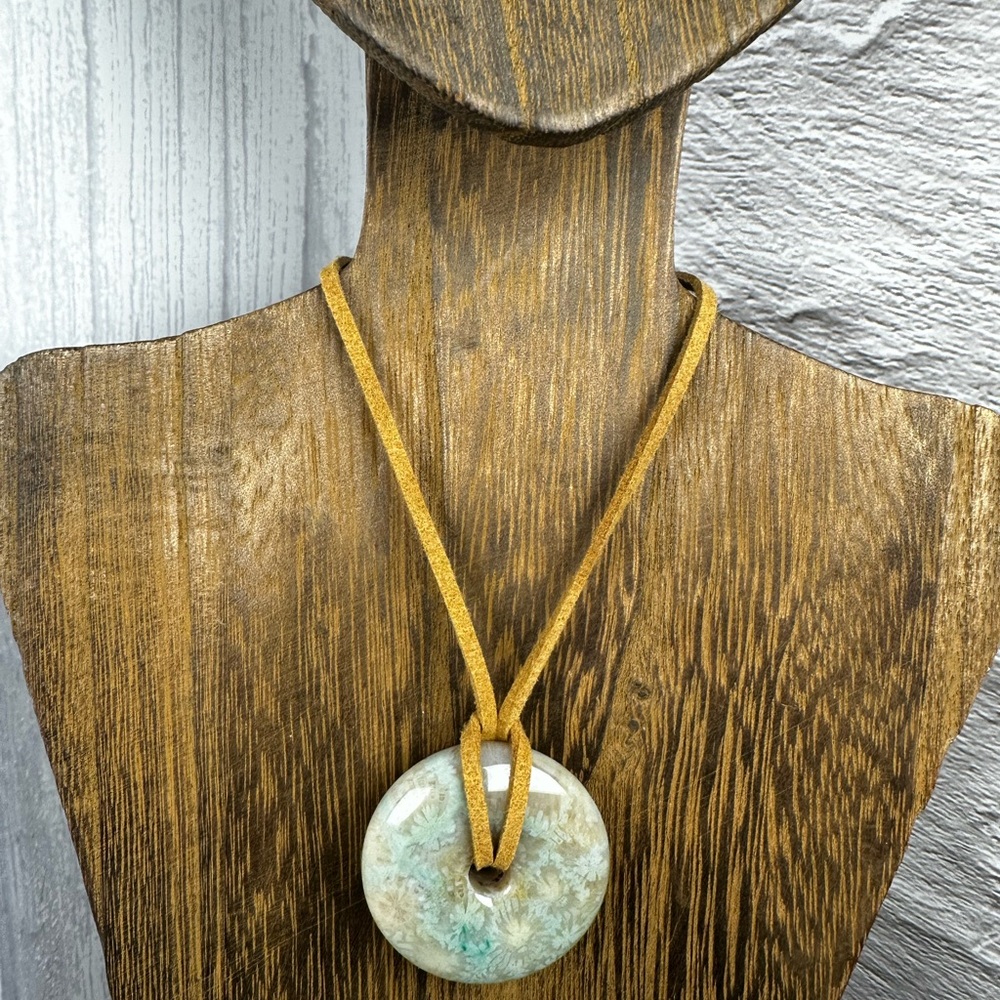 Green Coral Fossil Donut Pendant on Brown Faux Suede - Picture 5 of 11